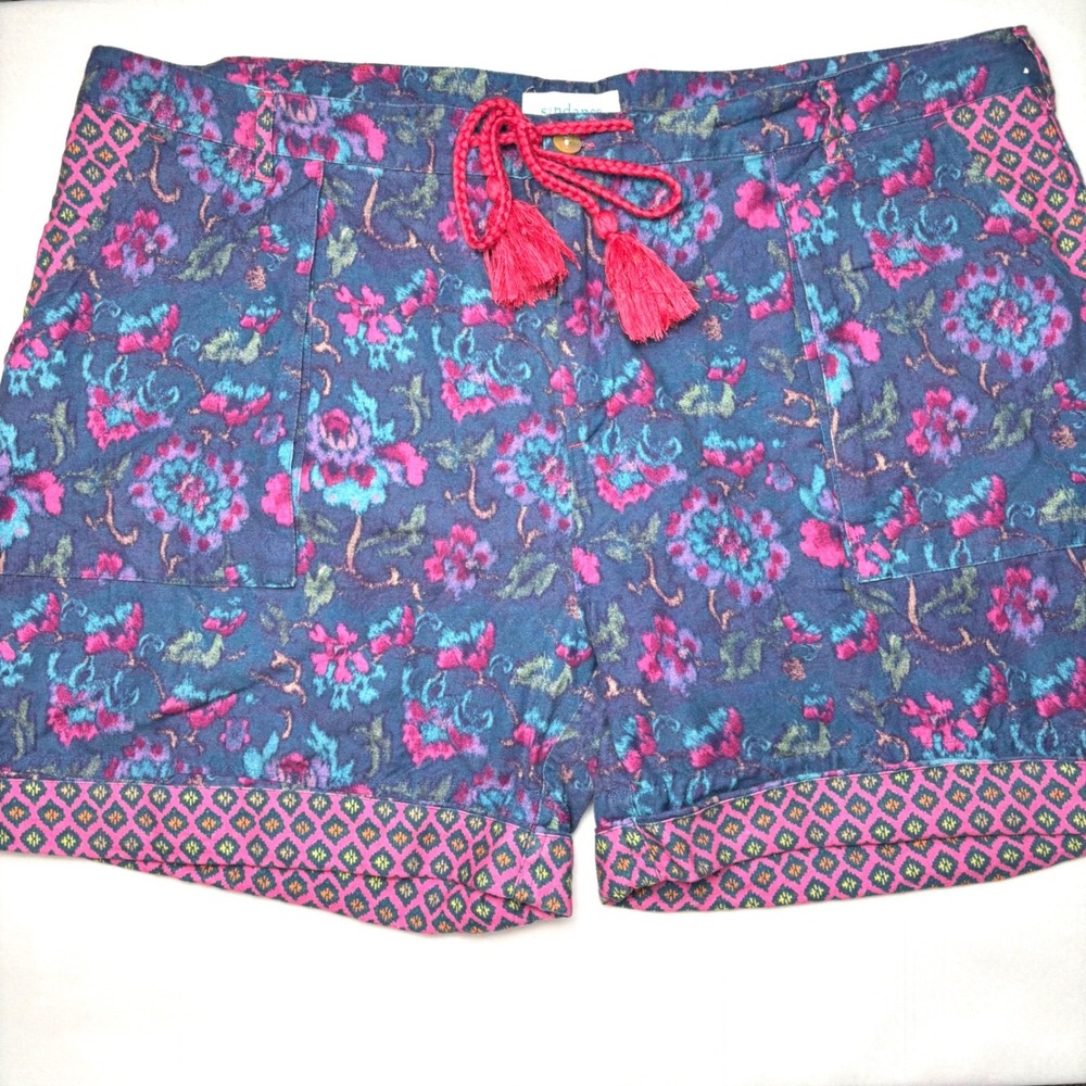 Sundance Womens XL Blue Floral Linen Cotton Shorts Boho Tassel Drawstring Pink